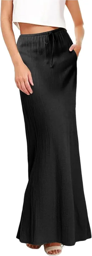 Linen Maxi Skirts for Women Summer Spring Flowy Drawstring Waist A Line Skirt Boho Vacation Casual Cute Long Dress