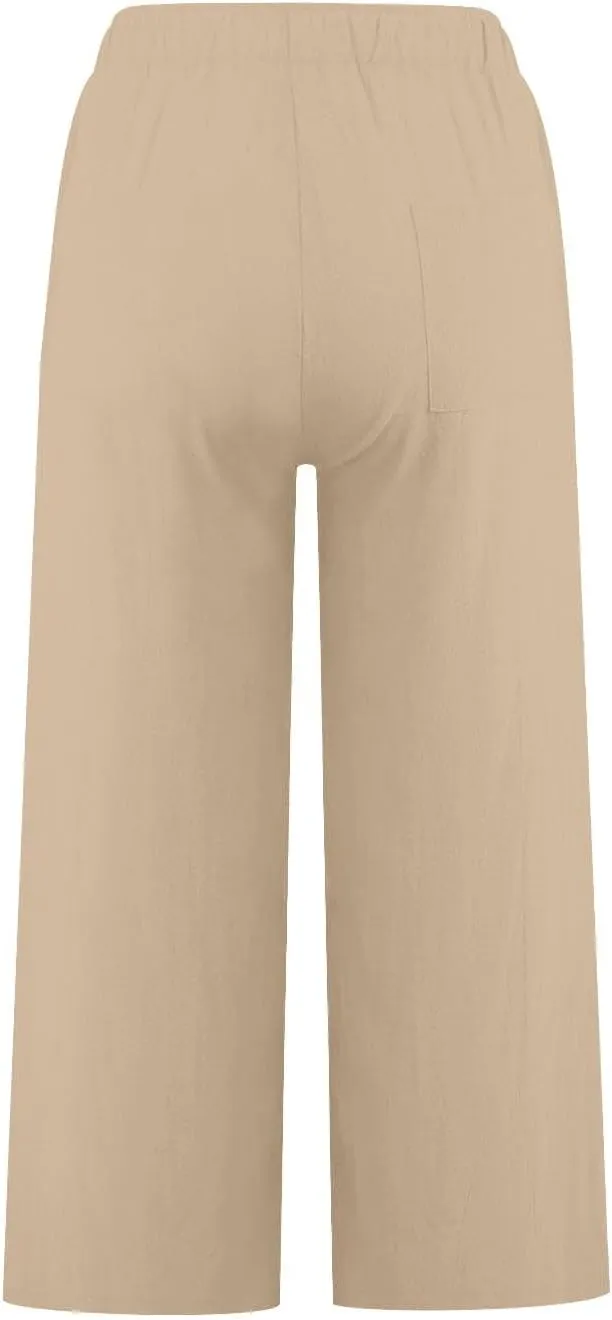 Linen Pants Women Summer Cotton Linen Capris 2025 Wide Leg Boho Pants Drawstring Vacation Beach Cropped Trouser Capris