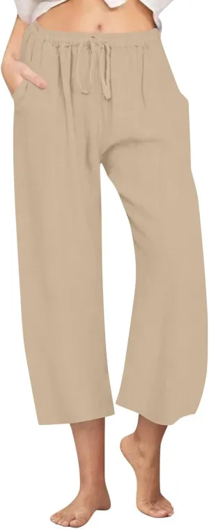 Linen Pants Women Summer Cotton Linen Capris 2025 Wide Leg Boho Pants Drawstring Vacation Beach Cropped Trouser Capris