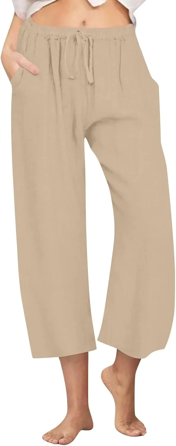Linen Pants Women Summer Cotton Linen Capris 2025 Wide Leg Boho Pants Drawstring Vacation Beach Cropped Trouser Capris