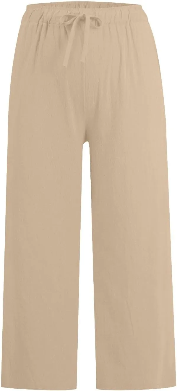Linen Pants Women Summer Cotton Linen Capris 2025 Wide Leg Boho Pants Drawstring Vacation Beach Cropped Trouser Capris
