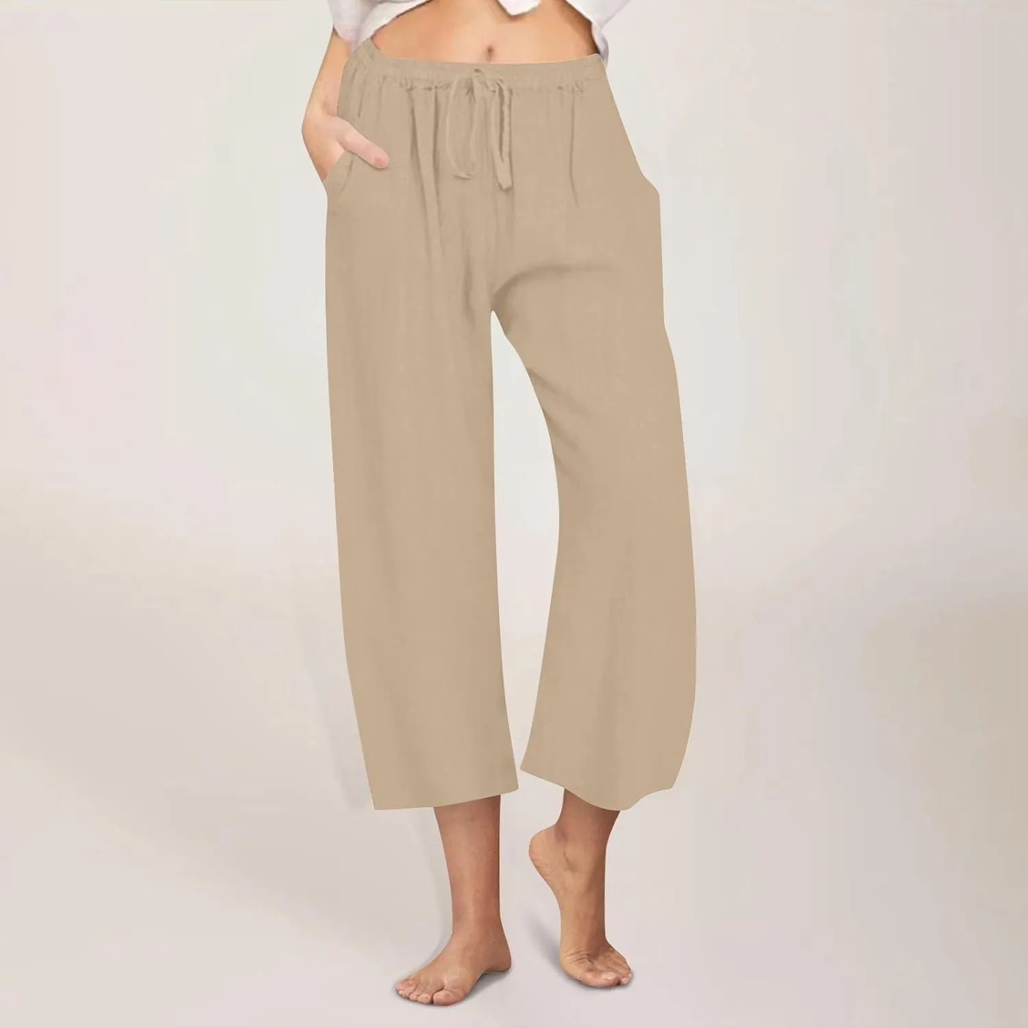 Linen Pants Women Summer Cotton Linen Capris 2025 Wide Leg Boho Pants Drawstring Vacation Beach Cropped Trouser Capris