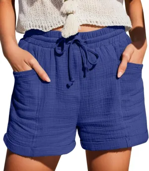 Linen Shorts for Women Elastic Waist Drawstring Shorts Summer Casual Lightweight Lounge Beach Shorts with Pockets