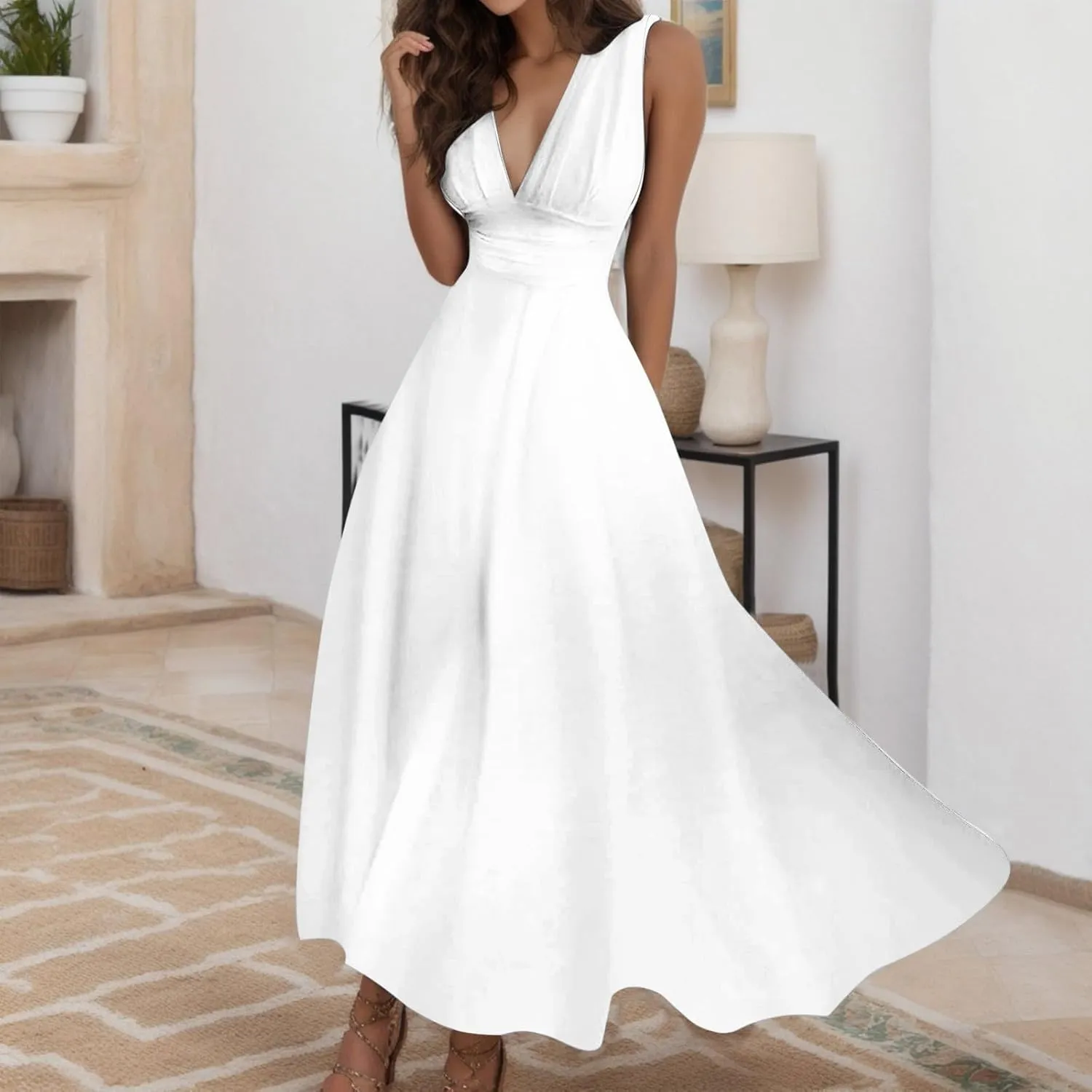 Long Dresses Women Trendy 2025 Sleeveless Maxi Summer Dress Beach Vacation V Neck Solid Color Long Sundress