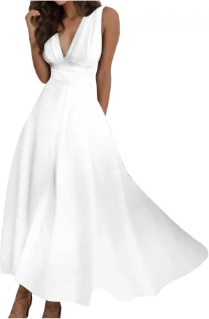 Long Dresses Women Trendy 2025 Sleeveless Maxi Summer Dress Beach Vacation V Neck Solid Color Long Sundress