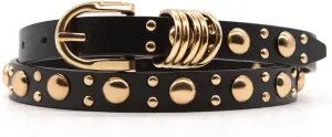 Long Keeper Skinny Women Leather Belt Punk Studded Belts for Pants Jeans Dresses Fashion Goth Thin Vegan Leather Waist Belt