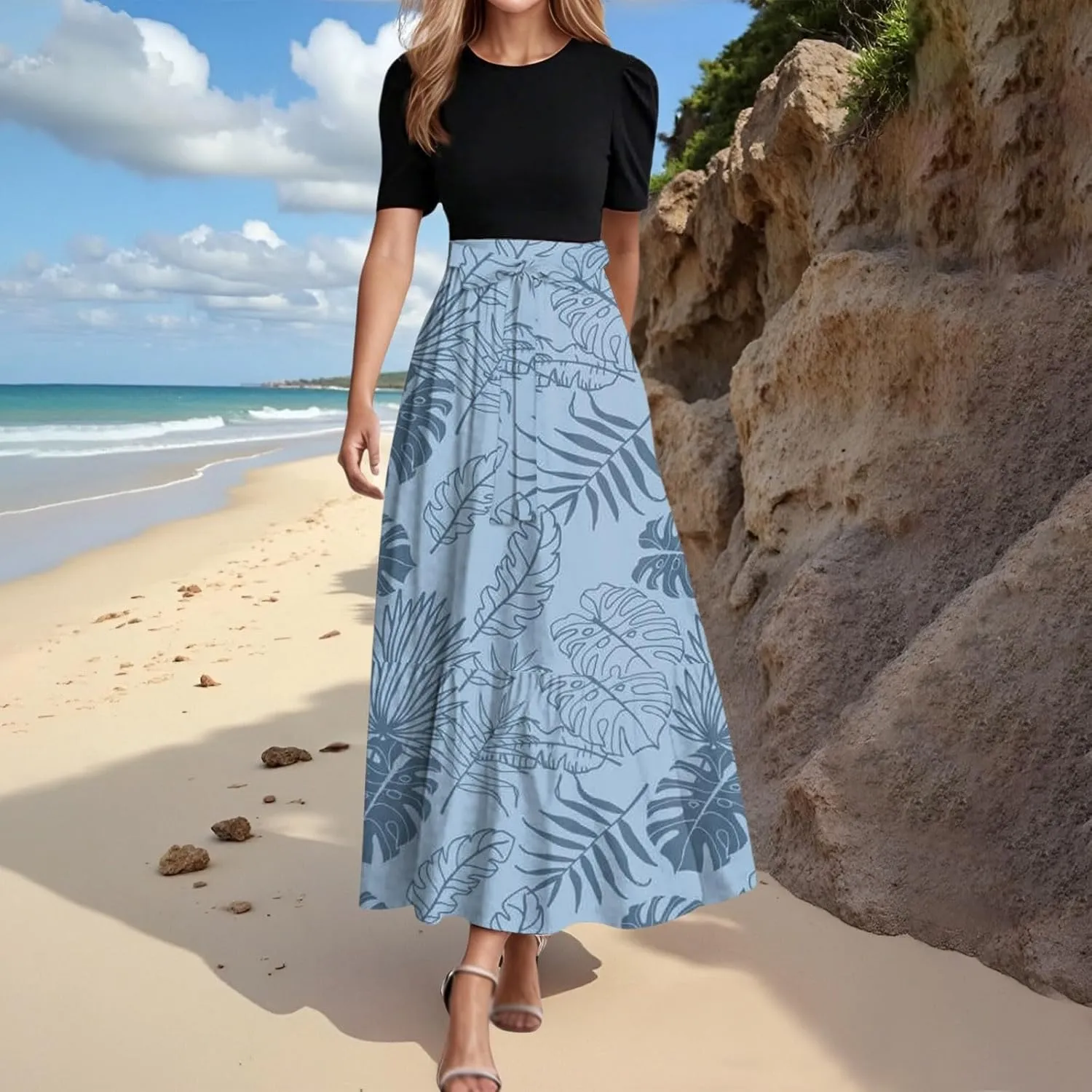 Long Summer Dresses for Womentie Belted Patchwork Ruffle Hem A Line Maxi Dress Crewneck Short Sleeve Vacation Clothes
