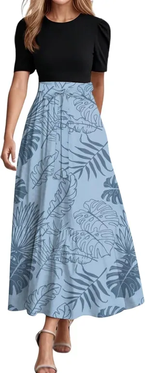 Long Summer Dresses for Womentie Belted Patchwork Ruffle Hem A Line Maxi Dress Crewneck Short Sleeve Vacation Clothes