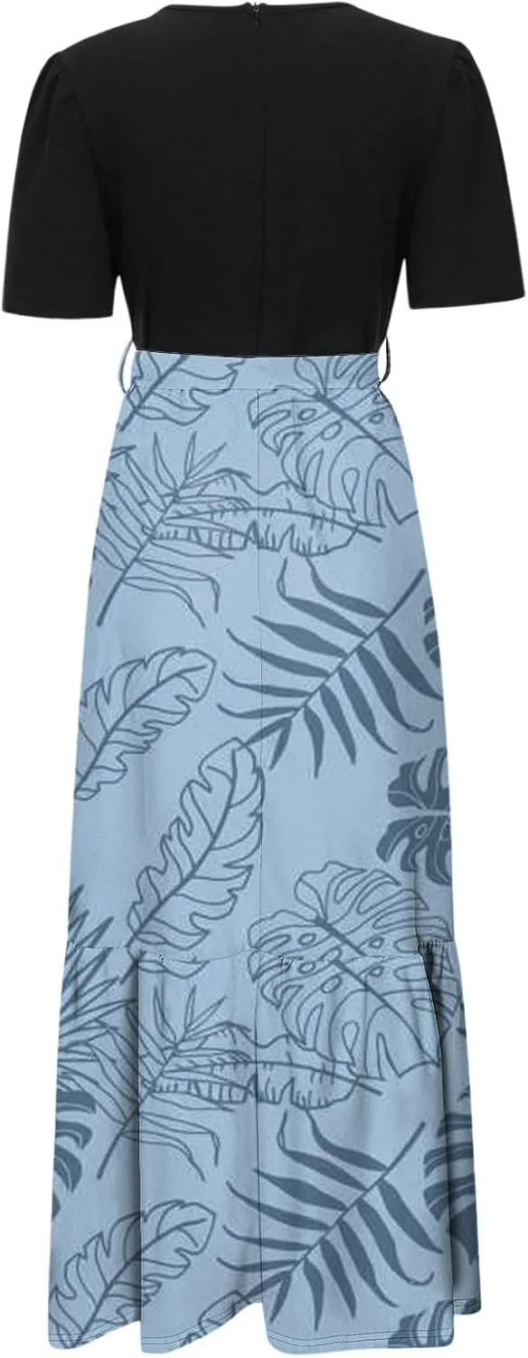 Long Summer Dresses for Womentie Belted Patchwork Ruffle Hem A Line Maxi Dress Crewneck Short Sleeve Vacation Clothes