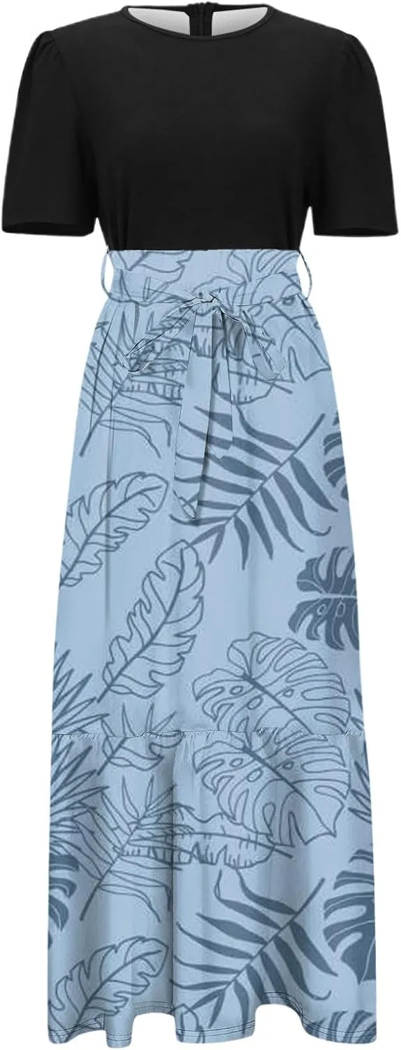 Long Summer Dresses for Womentie Belted Patchwork Ruffle Hem A Line Maxi Dress Crewneck Short Sleeve Vacation Clothes