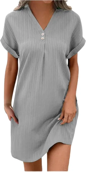 Loose Fit Dresses for Women V Neck Button Down Short Sleeve Tops Mini Dress Casual Soft Dresses Fashion Dressy Dress