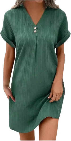 Loose Fit Dresses for Women V Neck Button Down Short Sleeve Tops Mini Dress Casual Soft Dresses Fashion Dressy Dress