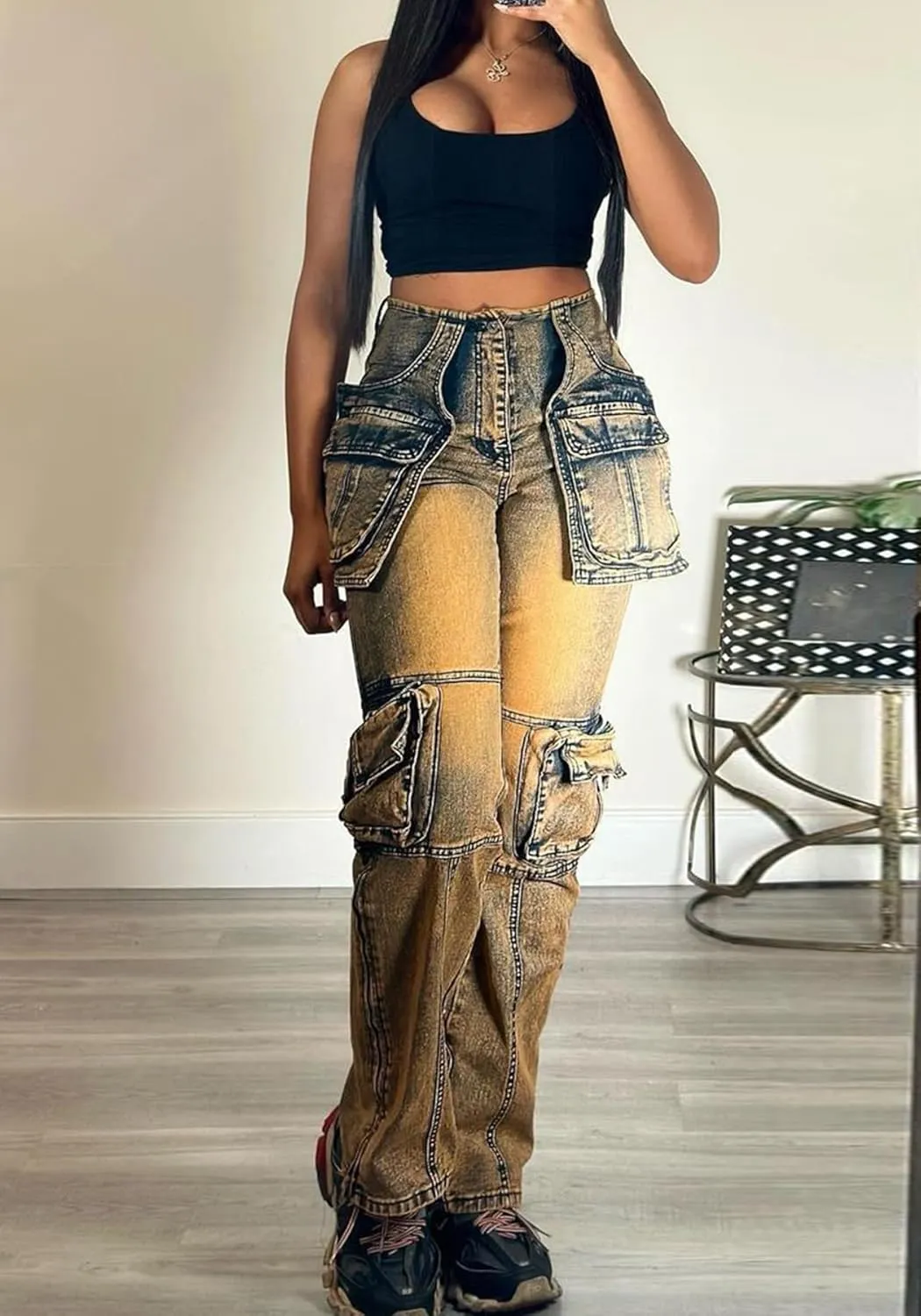 Lucuna Cargo Jeans for Women Y2K High Waist Baggy Jeans Multi-Pockets Straight Leg Cargo Pants