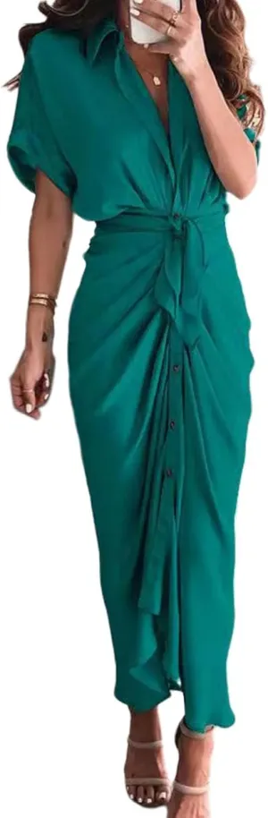 Maxi Dress for Women Trendy Button Down Ruched Shirt Dresses Summer Short Sleeve Lapel V Neck Satin Dress with Belt