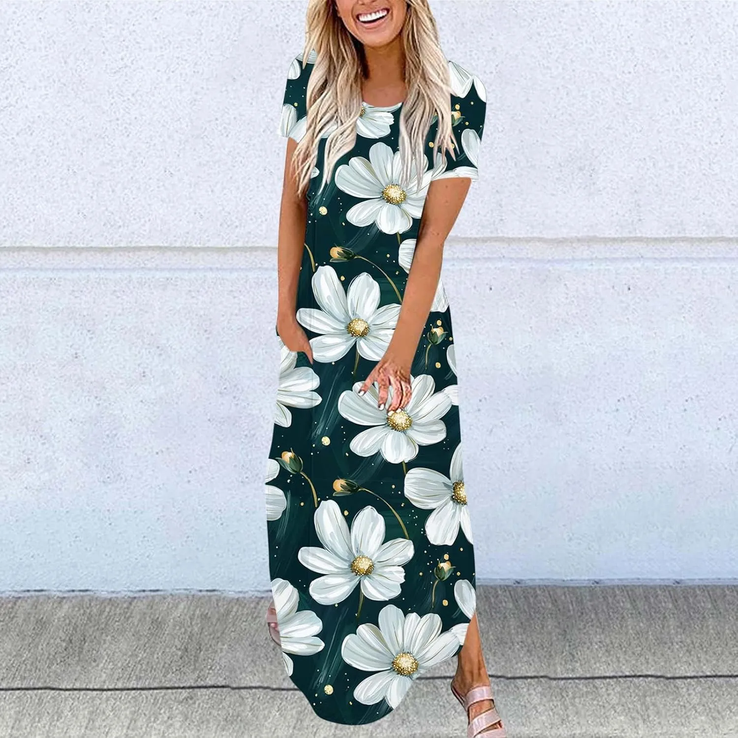 Maxi Dresses for Women 2025 Short Sleeve Casual Flowy Flowy Long Dress Beach Vocation Shift Dress