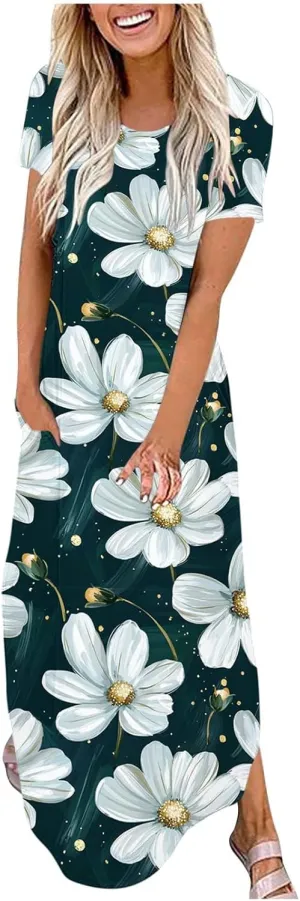 Maxi Dresses for Women 2025 Short Sleeve Casual Flowy Flowy Long Dress Beach Vocation Shift Dress