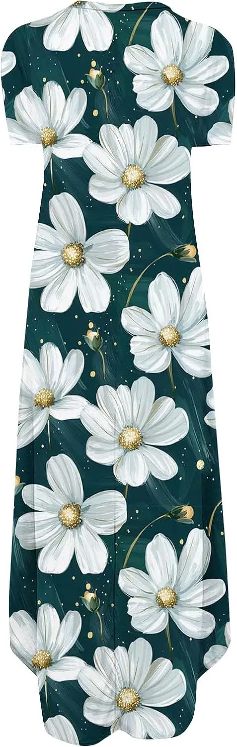 Maxi Dresses for Women 2025 Short Sleeve Casual Flowy Flowy Long Dress Beach Vocation Shift Dress