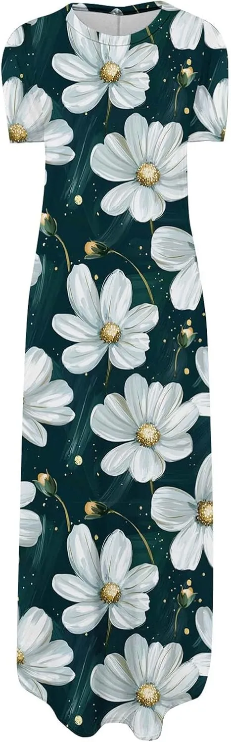 Maxi Dresses for Women 2025 Short Sleeve Casual Flowy Flowy Long Dress Beach Vocation Shift Dress