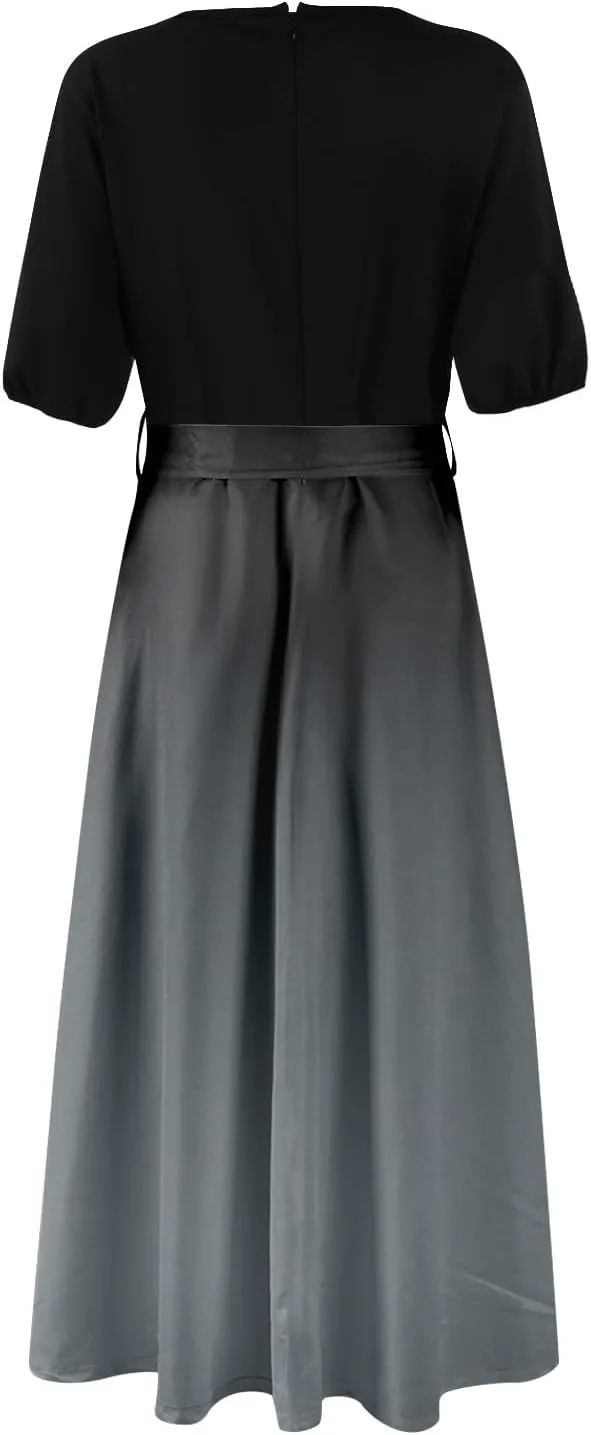 Maxi Dresses for Women 2025 Summer V Neck Floral Maxi Dress Trendy Short Sleeve Split A Line Long Dresses with Belt