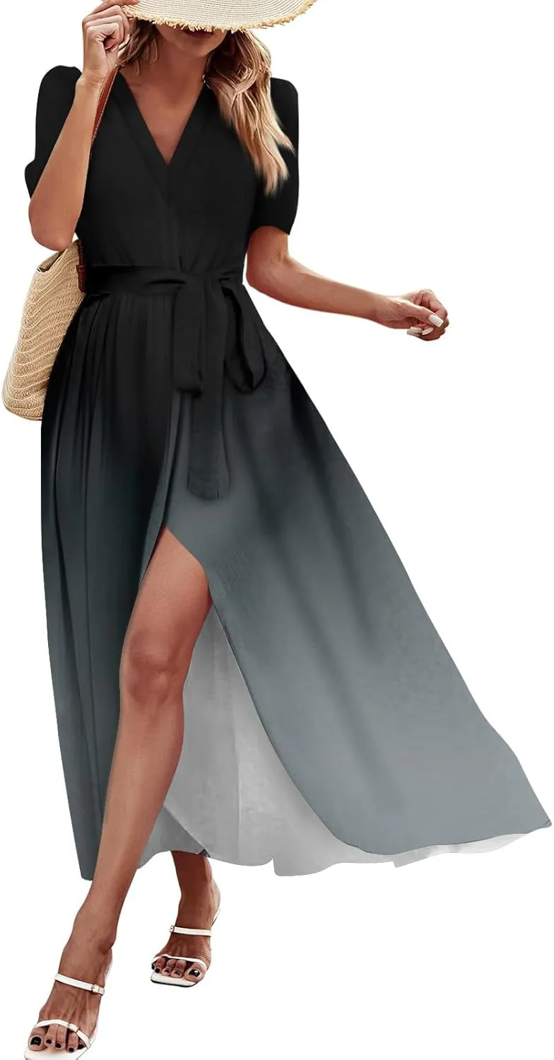 Maxi Dresses for Women 2025 Summer V Neck Floral Maxi Dress Trendy Short Sleeve Split A Line Long Dresses with Belt