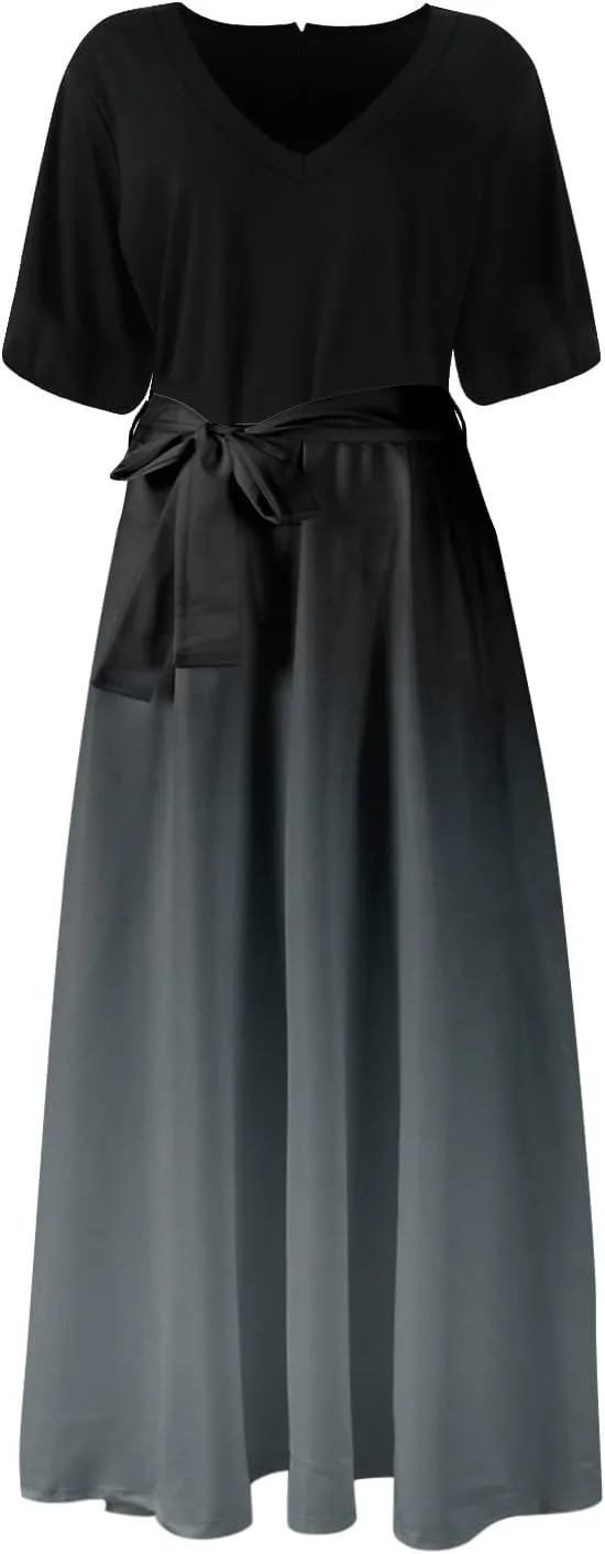 Maxi Dresses for Women 2025 Summer V Neck Floral Maxi Dress Trendy Short Sleeve Split A Line Long Dresses with Belt