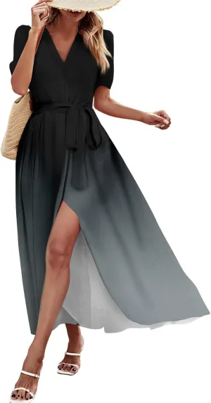 Maxi Dresses for Women 2025 Summer V Neck Floral Maxi Dress Trendy Short Sleeve Split A Line Long Dresses with Belt