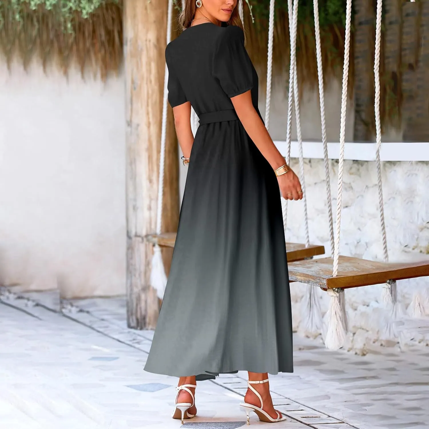 Maxi Dresses for Women 2025 Summer V Neck Floral Maxi Dress Trendy Short Sleeve Split A Line Long Dresses with Belt