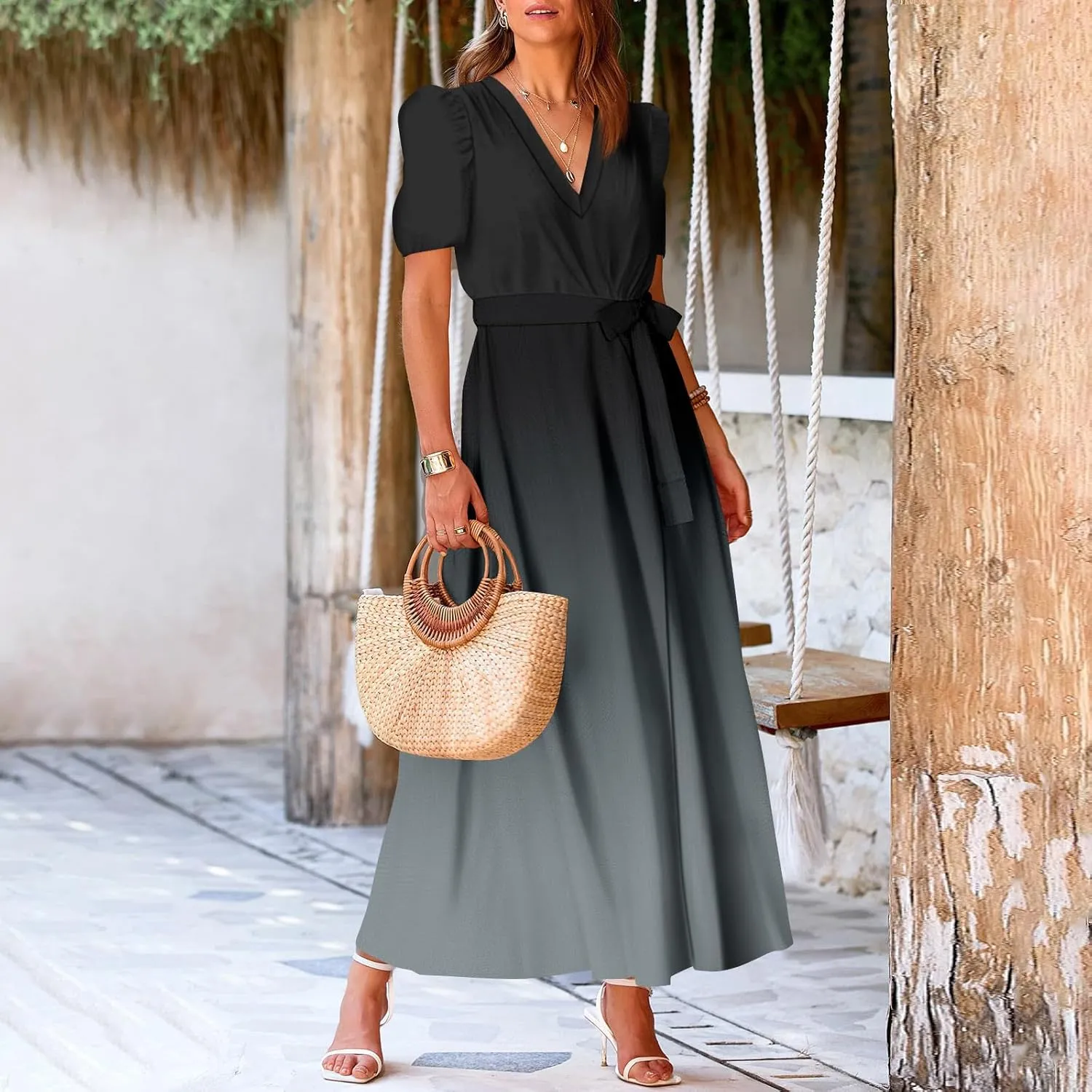 Maxi Dresses for Women 2025 Summer V Neck Floral Maxi Dress Trendy Short Sleeve Split A Line Long Dresses with Belt