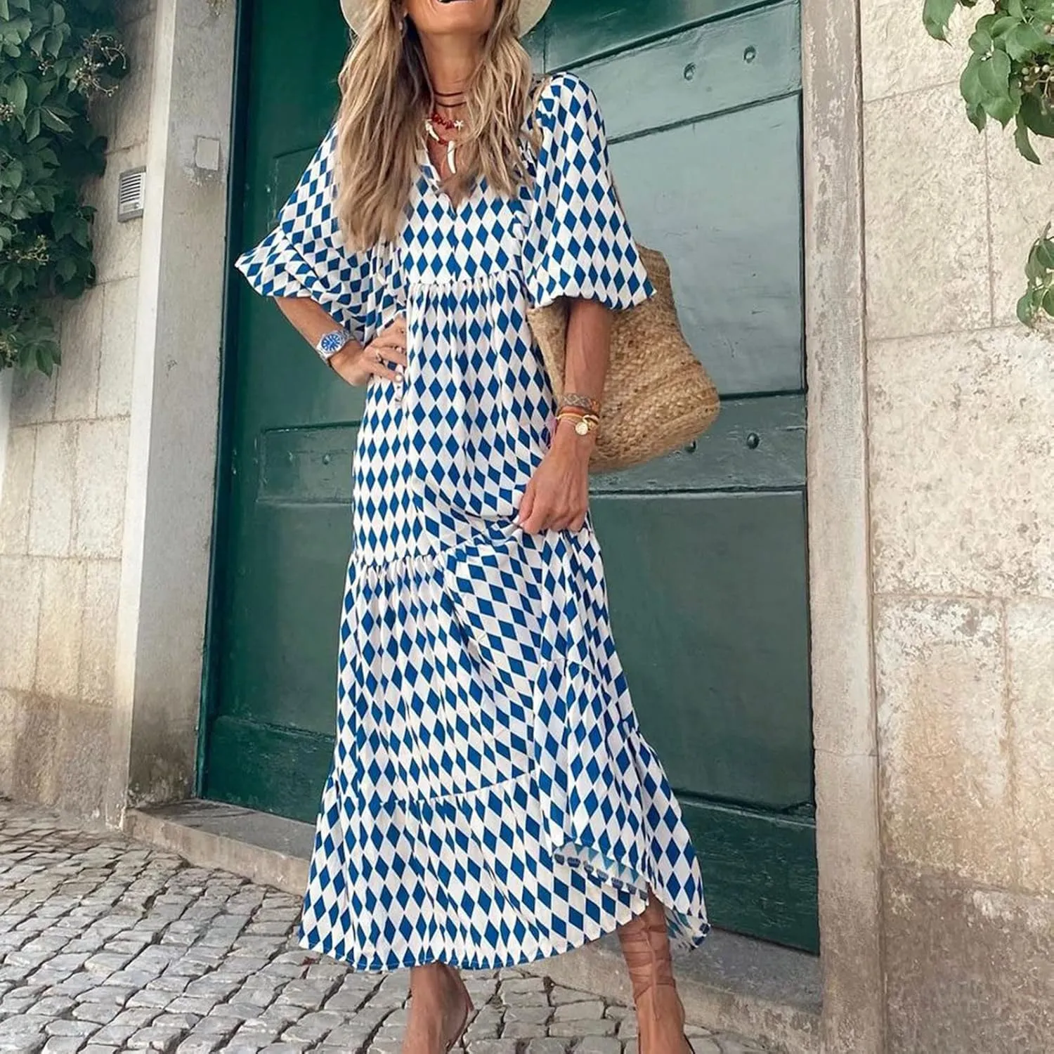 Maxi Dresses for Women Print Middle-Sleeves Ruffle Stitching Dresses Loose Soft Flowy Dress