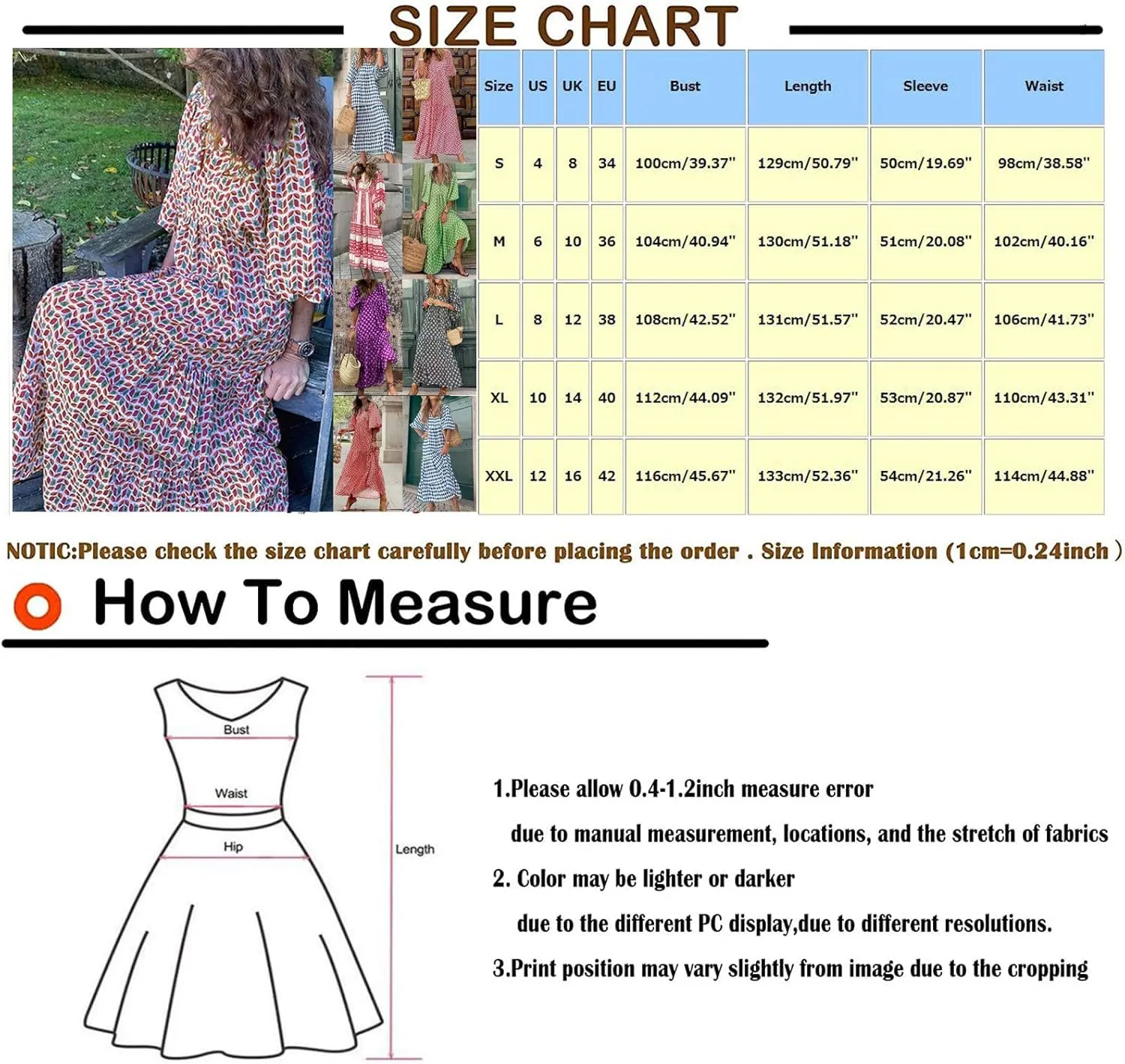 Maxi Dresses for Women Print Middle-Sleeves Ruffle Stitching Dresses Loose Soft Flowy Dress