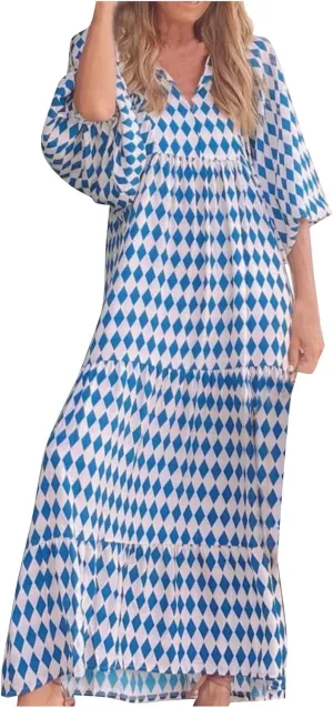 Maxi Dresses for Women Print Middle-Sleeves Ruffle Stitching Dresses Loose Soft Flowy Dress