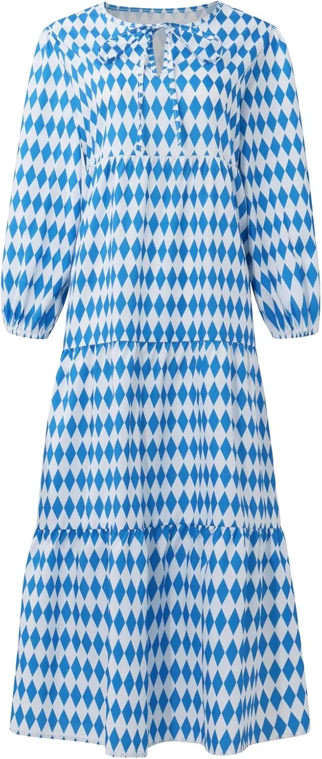 Maxi Dresses for Women Print Middle-Sleeves Ruffle Stitching Dresses Loose Soft Flowy Dress