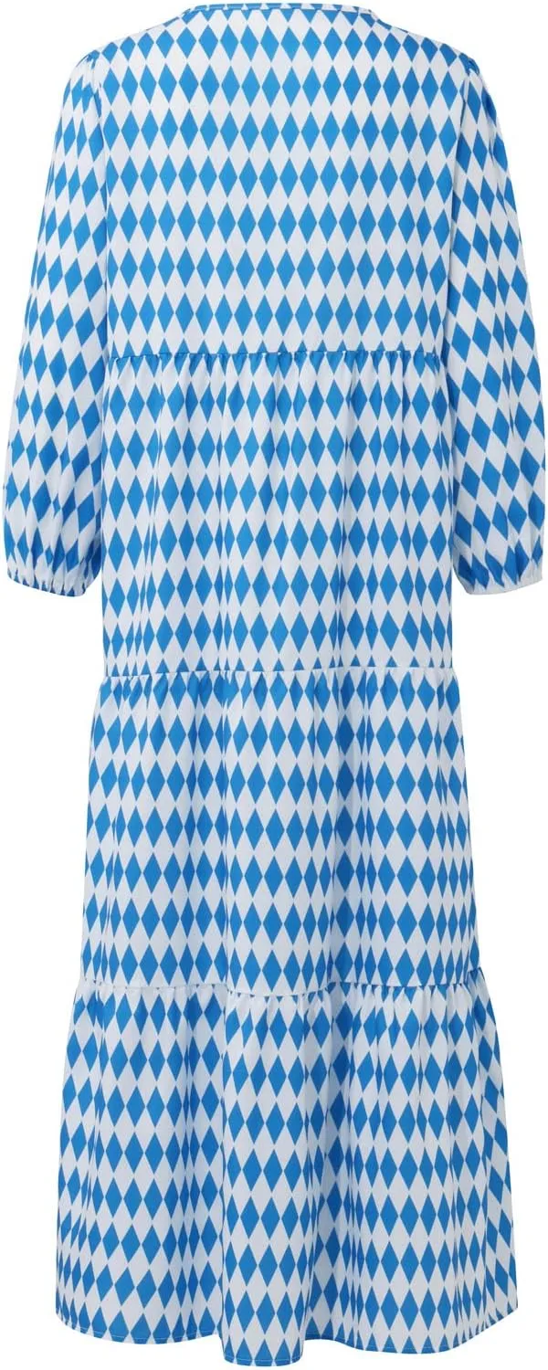 Maxi Dresses for Women Print Middle-Sleeves Ruffle Stitching Dresses Loose Soft Flowy Dress