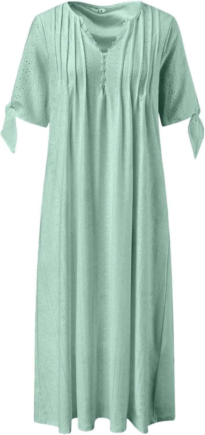 Maxi Long Dresses for Women 2025 Summer Short Sleeve Eyelet Tshirt Dress Casual Beach Vacation Fashion Sundress