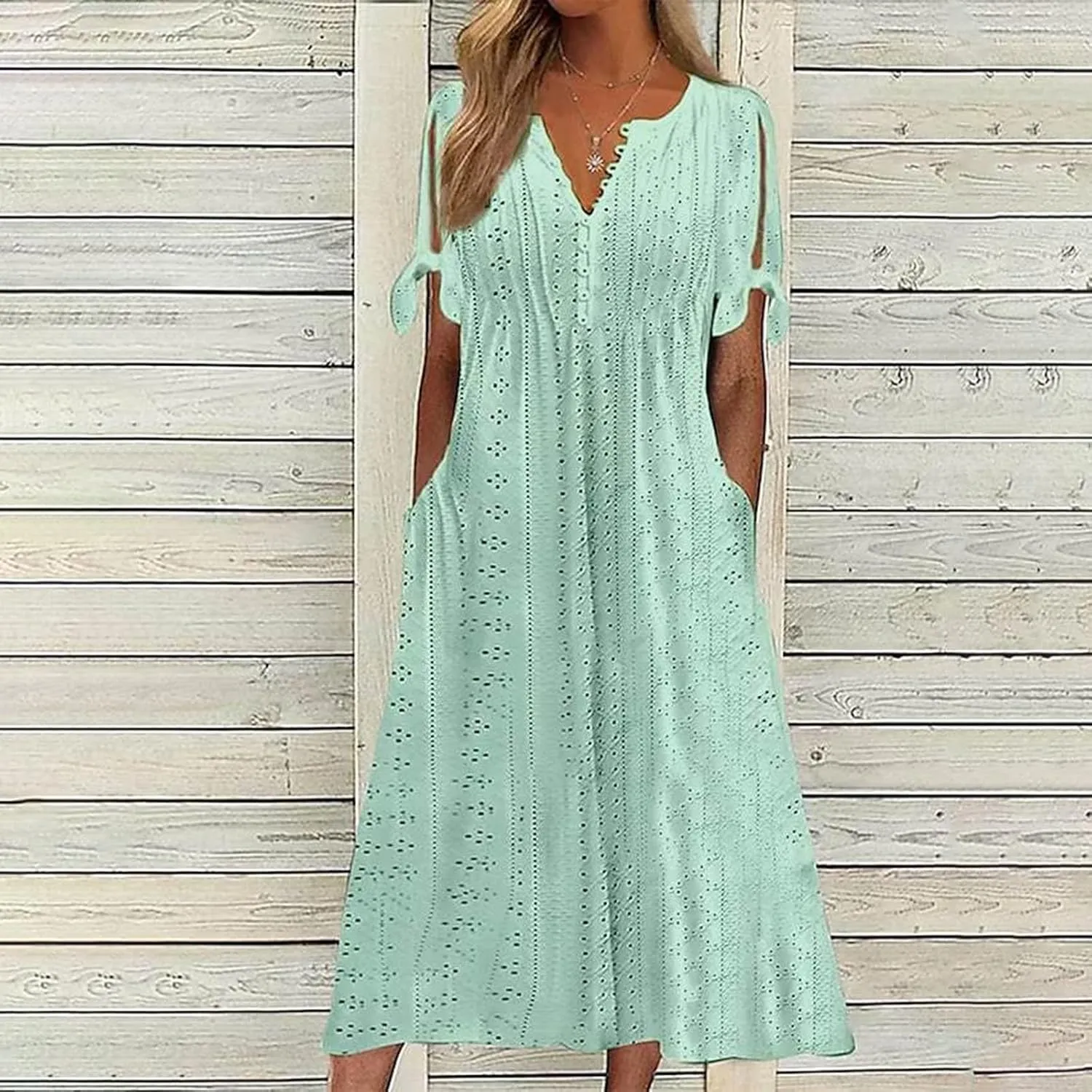 Maxi Long Dresses for Women 2025 Summer Short Sleeve Eyelet Tshirt Dress Casual Beach Vacation Fashion Sundress