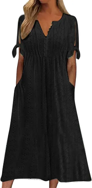 Maxi Long Dresses for Women 2025 Summer Short Sleeve Eyelet Tshirt Dress Casual Beach Vacation Fashion Sundress