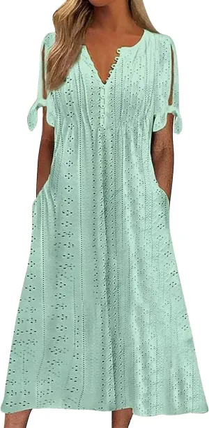Maxi Long Dresses for Women 2025 Summer Short Sleeve Eyelet Tshirt Dress Casual Beach Vacation Fashion Sundress