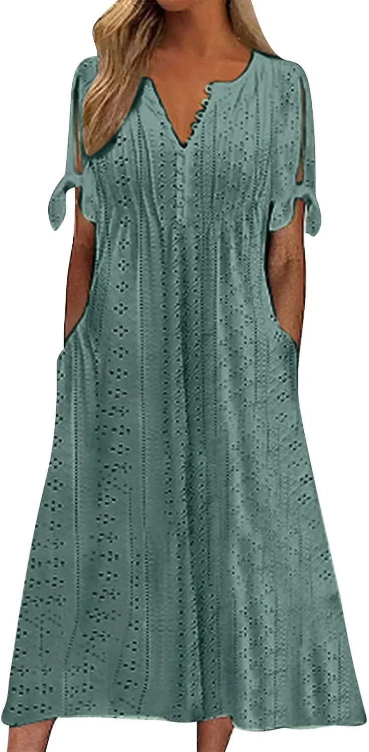 Maxi Long Dresses for Women 2025 Summer Short Sleeve Eyelet Tshirt Dress Casual Beach Vacation Fashion Sundress