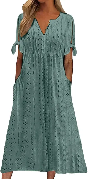Maxi Long Dresses for Women 2025 Summer Short Sleeve Eyelet Tshirt Dress Casual Beach Vacation Fashion Sundress
