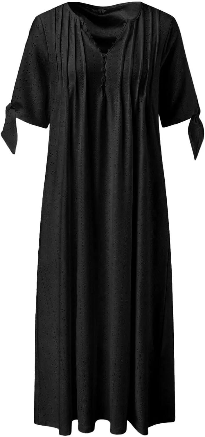 Maxi Long Dresses for Women 2025 Summer Short Sleeve Eyelet Tshirt Dress Casual Beach Vacation Fashion Sundress
