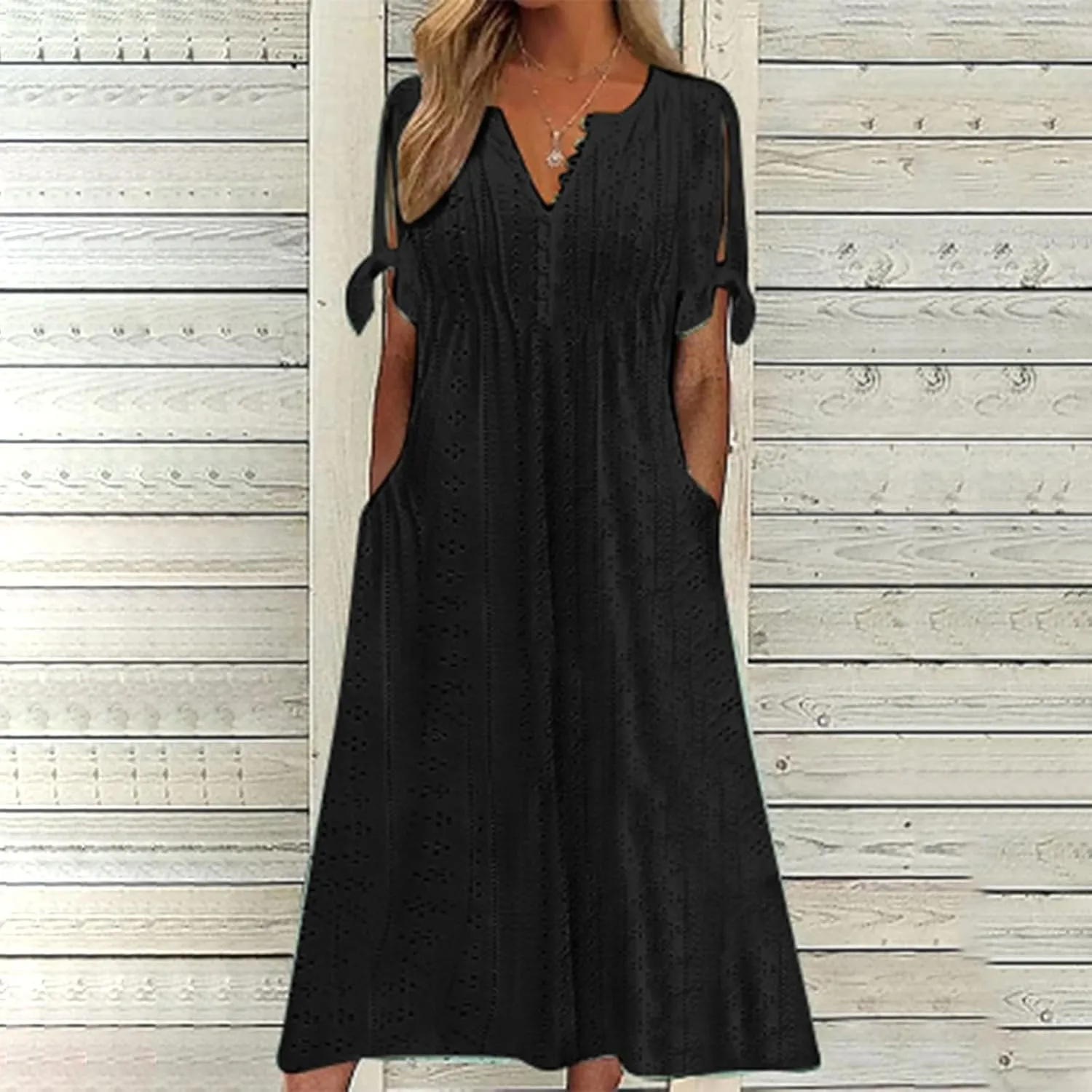 Maxi Long Dresses for Women 2025 Summer Short Sleeve Eyelet Tshirt Dress Casual Beach Vacation Fashion Sundress