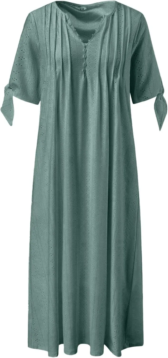Maxi Long Dresses for Women 2025 Summer Short Sleeve Eyelet Tshirt Dress Casual Beach Vacation Fashion Sundress
