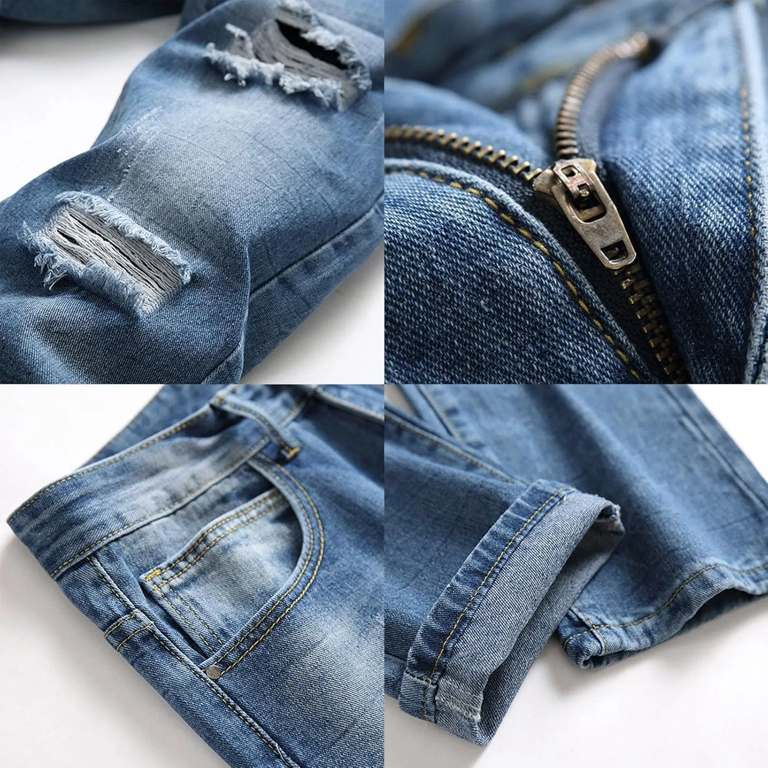 Men Slim Zipper Denim Jeans Pants Pure Colour Jean with Zipper Pockets Jean Trouser Solid Fashion Straight Leg Jeans