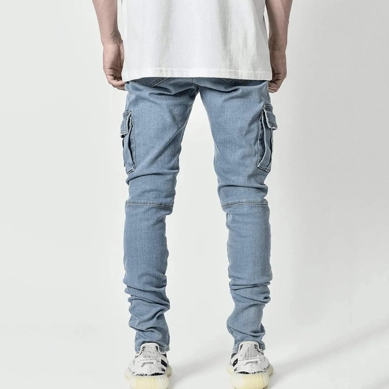 Men Slim Zipper Denim Jeans Pants Pure Colour Jean with Zipper Pockets Jean Trouser Solid Fashion Straight Leg Jeans