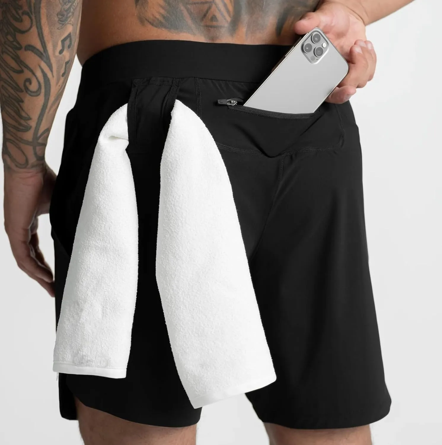 Mens Athletic Running Shorts Jogging Stretch Quick Dry Shorts Elastic High Waist Shorts Phone Pockets