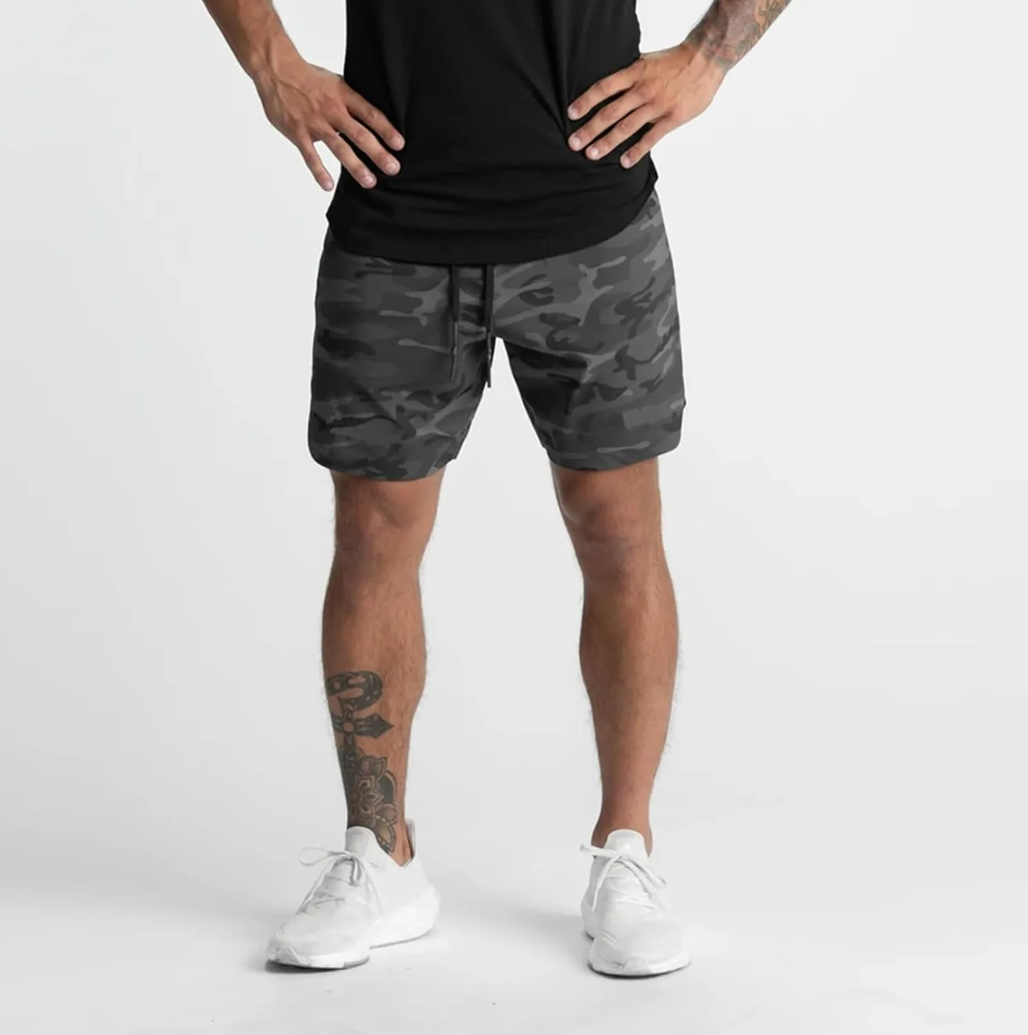 Mens Athletic Running Shorts Jogging Stretch Quick Dry Shorts Elastic High Waist Shorts Phone Pockets