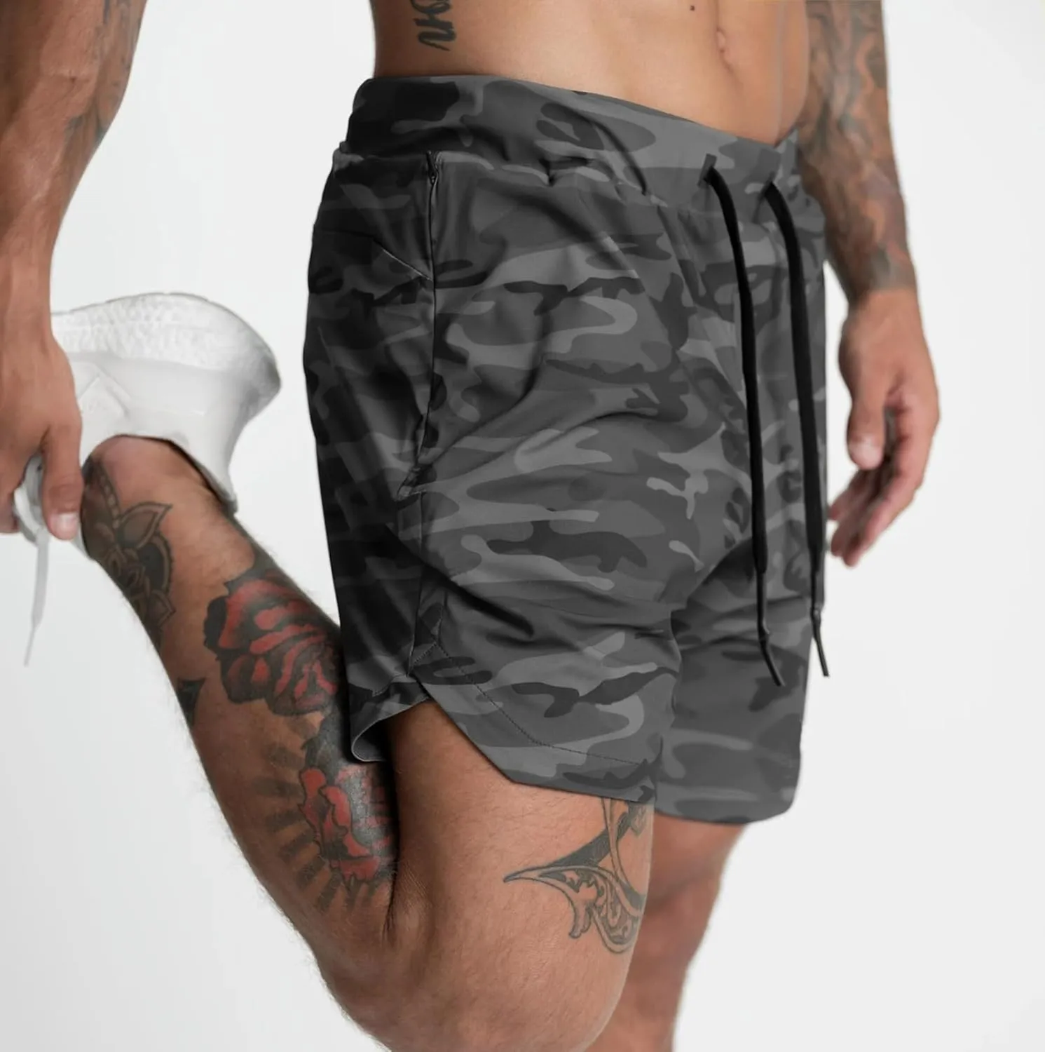 Mens Athletic Running Shorts Jogging Stretch Quick Dry Shorts Elastic High Waist Shorts Phone Pockets