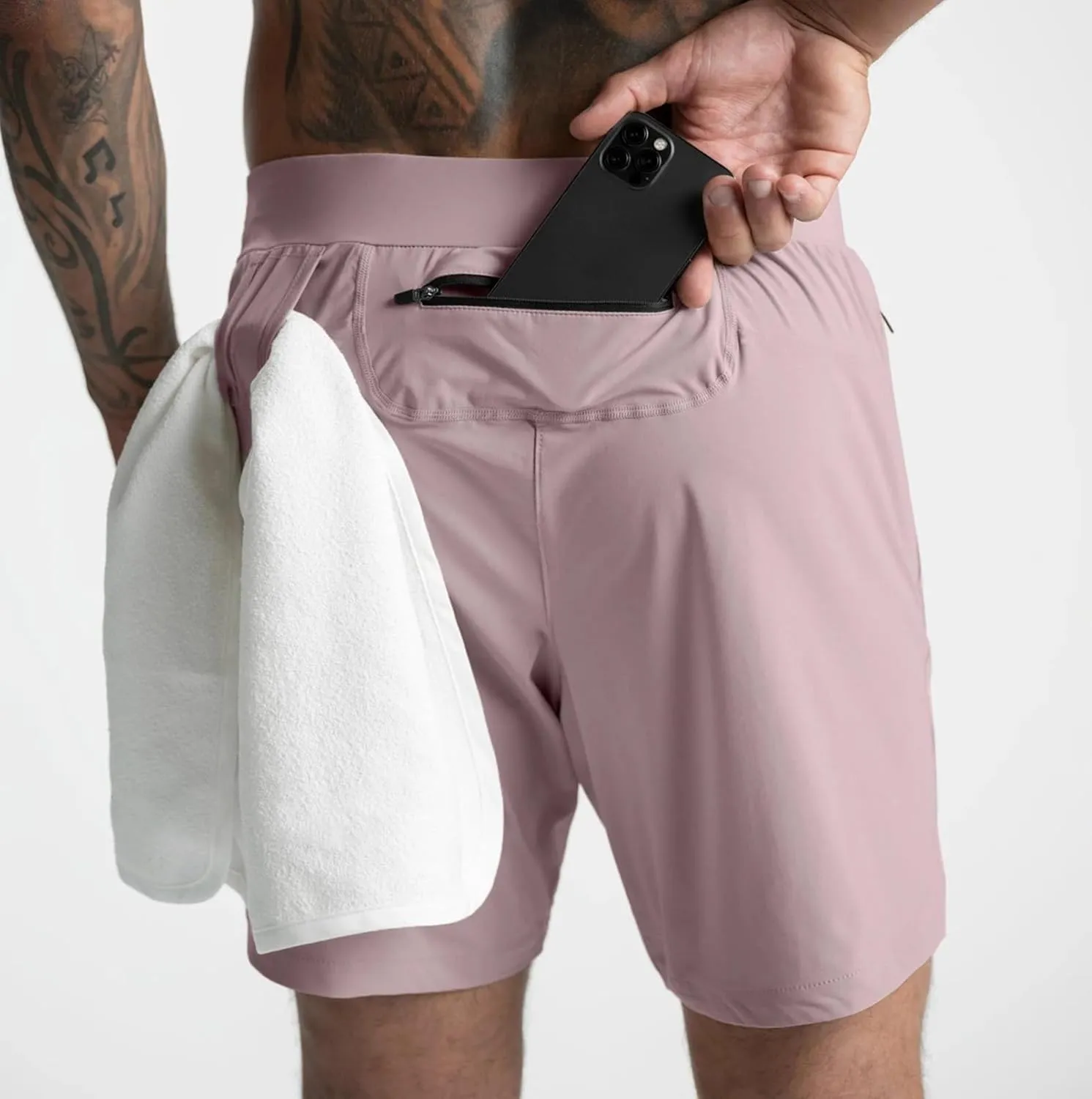 Mens Athletic Running Shorts Jogging Stretch Quick Dry Shorts Elastic High Waist Shorts Phone Pockets