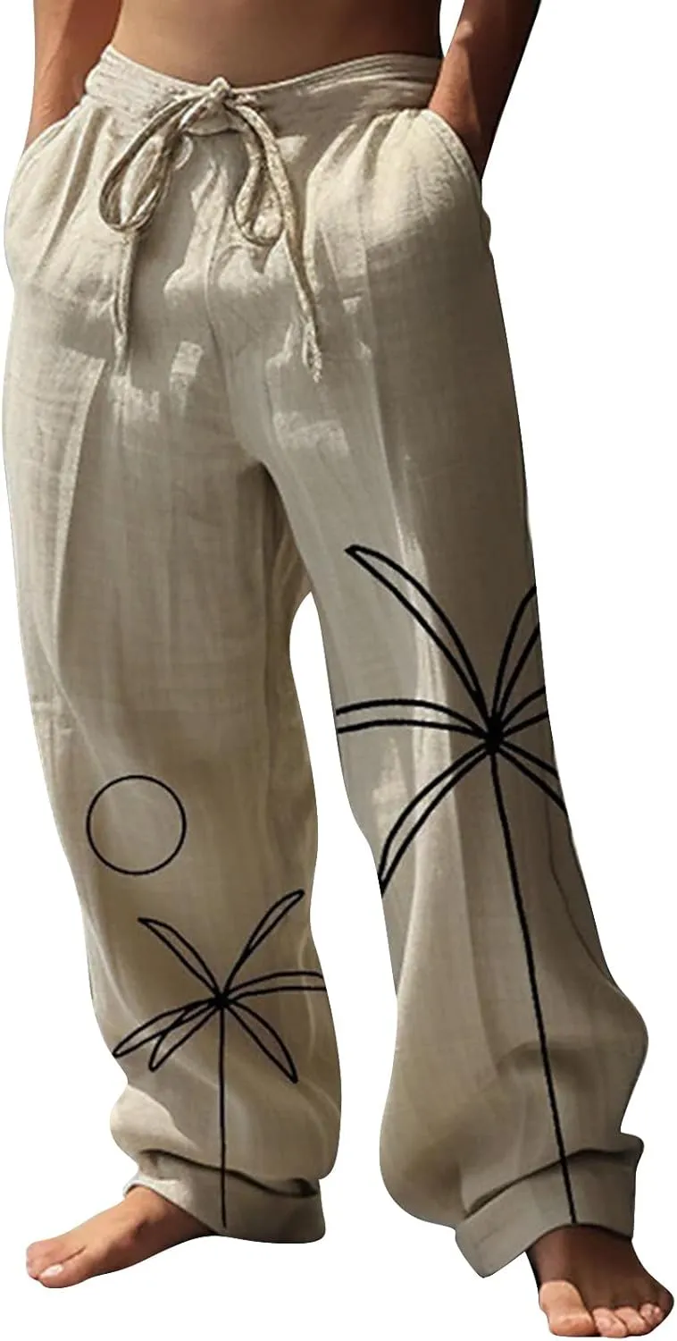 Mens Hippie Harem Pants Baggy Linen Boho Yoga Pants Casual Drop Crotch Trousers Elastic Waist Lightweight Trouser
