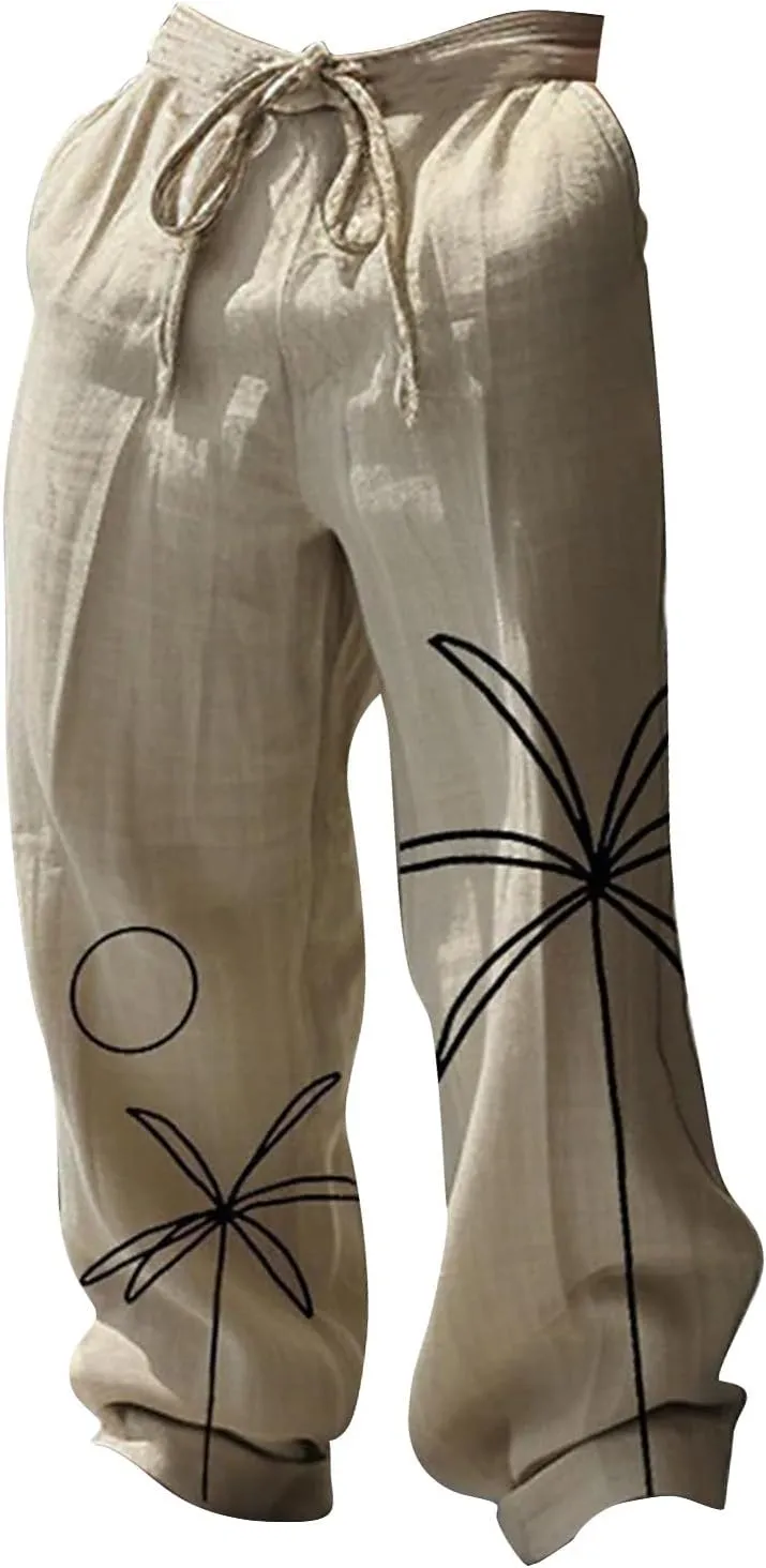 Mens Hippie Harem Pants Baggy Linen Boho Yoga Pants Casual Drop Crotch Trousers Elastic Waist Lightweight Trouser